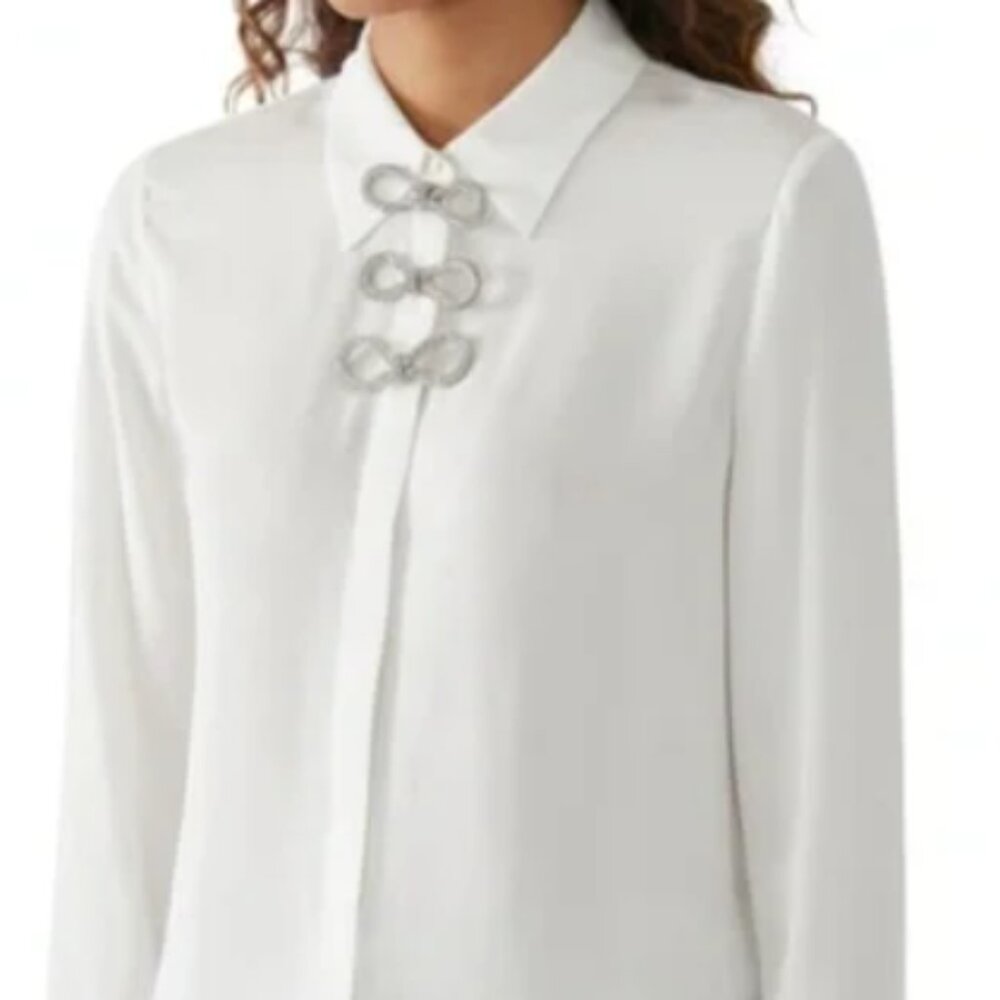 ALICE AND OLIVIA Willa Placket Top With Embellished Bow Detail In Off White